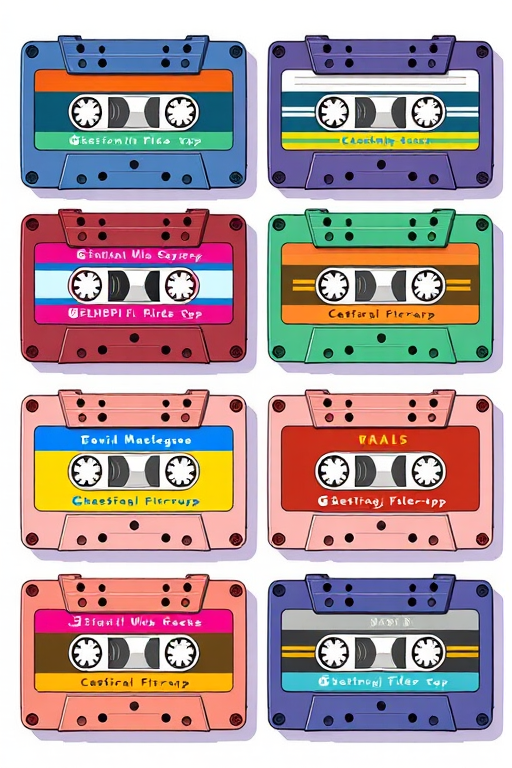 Create an illustration of six colorful cassette tapes arranged in two rows with vibrant labels and unique color schemes, use a digital drawing style, employ high resolution settings at 300 DPI, simulate a top-down view, include soft lighting for depth and enhancement.