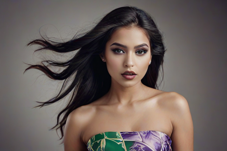 Photographic image of a beautiful young Aztec woman, orange eyes, lips with green lipstick, long hair fluttering in the wind and wearing a silk strapless dress with a soft purple and orange print. monochrome image with only color highlights in the iris of the eyes, lipstick and dress. Gray background.