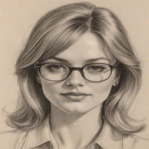 Elegant Mary Elizabeth Ellis, pencil sketch, portrait of Lovely woman 1970s in glasses, hair style beatnik, outline, clear lines, fine lines, 8k