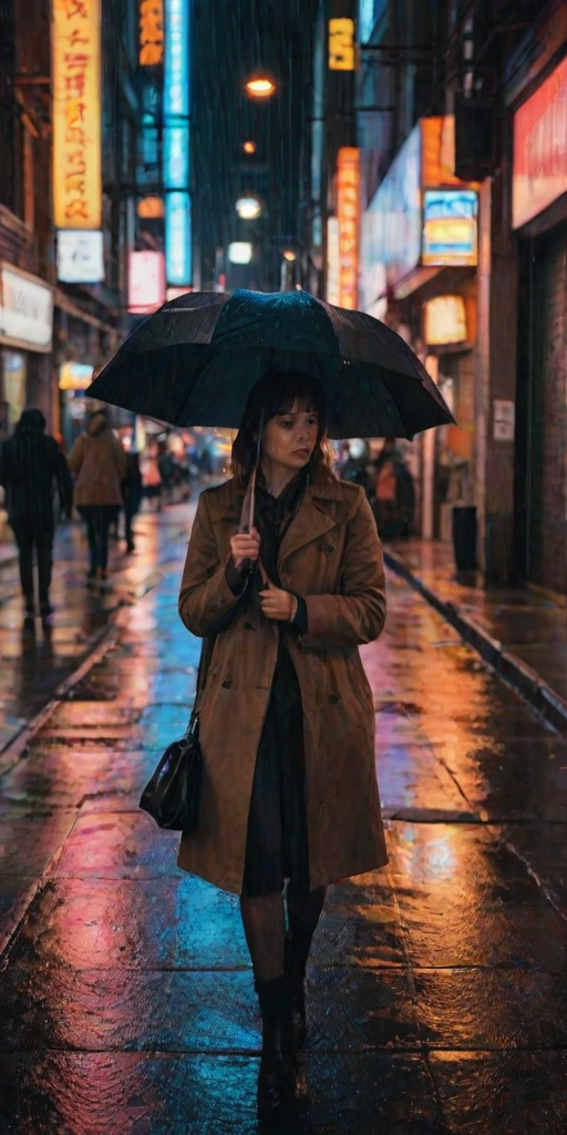Bustling city street at night, neon lights reflecting off the wet pavement, a woman stands under an umbrella, her face illuminated by the glow of the street signs as she waits to cross.