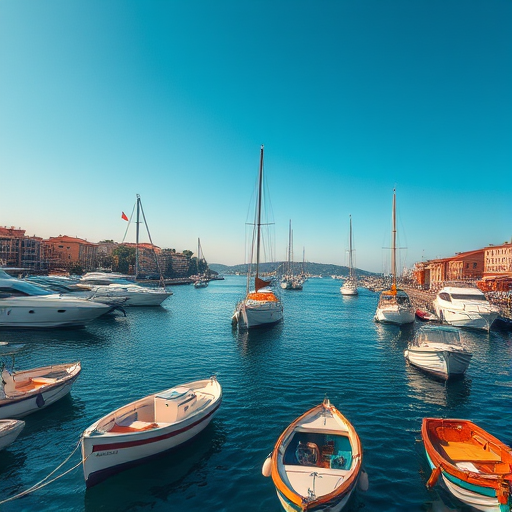Regenerate the image of a harbor with boats in the water under a clear blue sky with vibrant colors, using a DSLR camera, 35mm lens, f/8 aperture, ISO 100, and a shutter speed of 1/200 sec, with a slight wide-angle view to capture the surroundings and enhance detail.