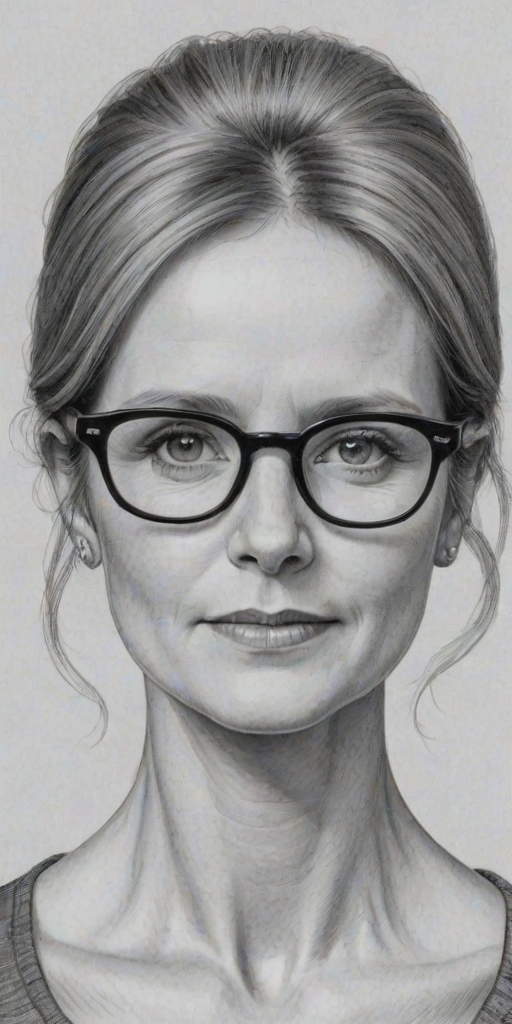 Magnificent Cynthia Nixon, pencil sketch, portrait of Lovely woman 1968s in glasses, hair style beatnik, outline, clear lines, fine lines, 8k