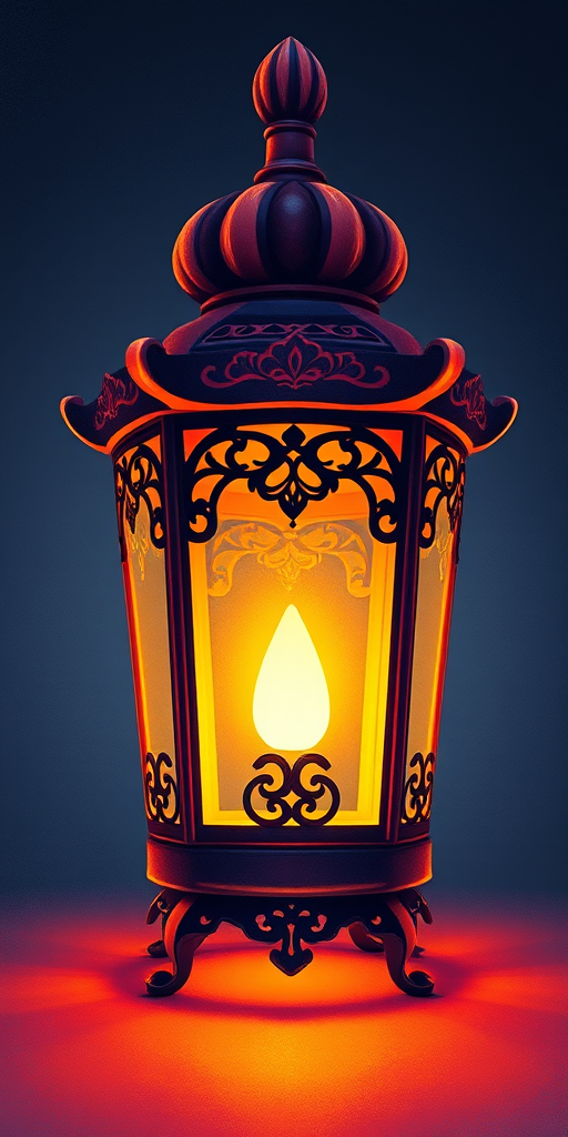 create a vibrant illustration of an ornate lantern with a glowing light inside, set against a dark background, captured using a DSLR camera with an aperture of f/2.8, ISO 100, and a focal length of 50mm, in a close-up view to highlight the intricate details and the warm glow of the light.