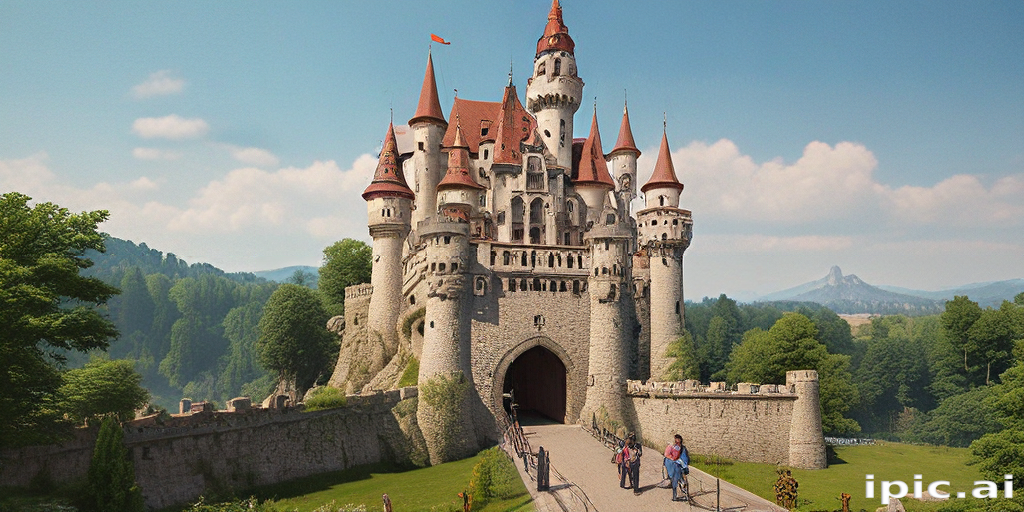 A Majestic Fairytale Castle Surrounded by Lush Greenery and Rolling Hills