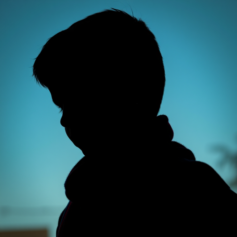 Create a silhouette of a boy with a scarf featuring red and blue stripes, shot in natural light, using a DSLR camera, f/2.8 aperture, 50mm lens, portrait orientation, high resolution.