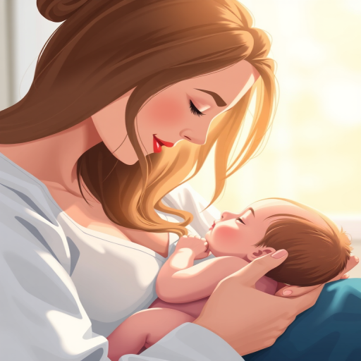 Create a high-resolution illustration of a mother breastfeeding her baby, using a soft focus lens with a shallow depth of field, shot with a DSLR camera at f/2.8, ISO 100, in natural light, emphasizing the tender connection and warmth between them.