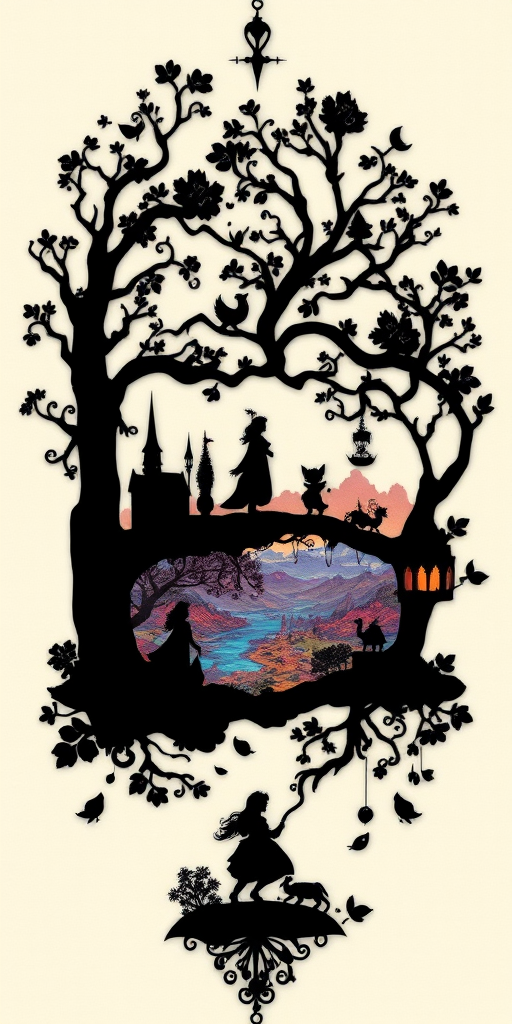 Enchanting "Fairy Tale Silhouette" tattoo design featuring intricate scenes from beloved stories rendered entirely in solid black, with delicate cutout details revealing glimpses of colorful, fantastical landscapes beneath, creating a captivating interplay between light and shadow that brings childhood memories to life in a sophisticated, artistic form