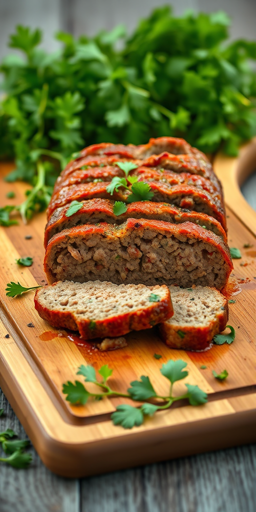 Create a high-resolution image of a beautifully presented meatloaf on a wooden cutting board, with vibrant greens and herbs surrounding it, using a Canon EOS R6 camera with a 50mm lens set at f/1.8, shutter speed 1/100s, ISO 200, natural light from the side, shallow depth of field for a soft background.