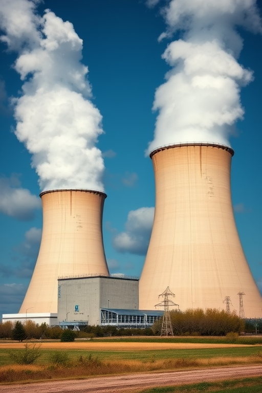 high-resolution image of a nuclear power plant with cooling towers emitting steam, captured from a low angle for dramatic effect, using a Canon EOS R5, f/8 aperture, 24mm lens, ISO 100, natural lighting, afternoon, vibrant colors and sharp detail