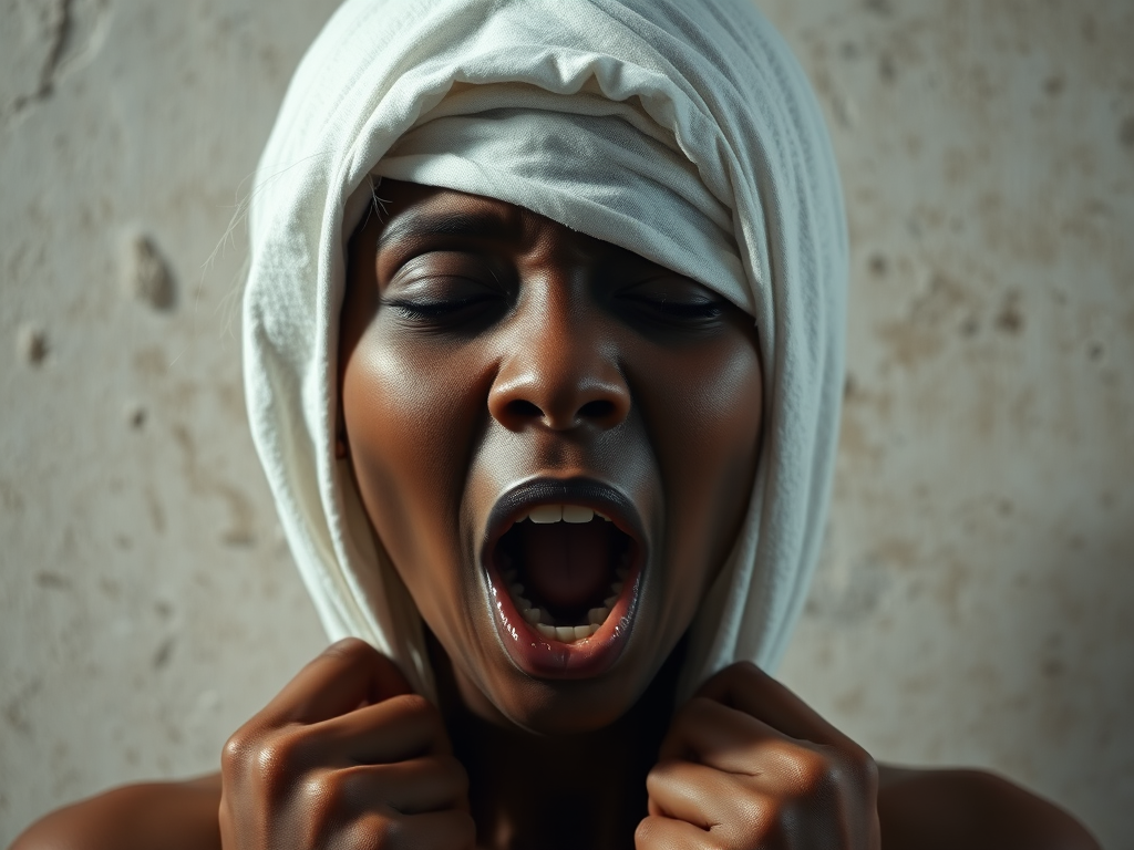 Create a close-up photographic image of a Cape Verdean woman with light skin tones shown against an old, worn wall. Their head is wrapped in a white cloth covering (i.e.... parts of the head except the nose and mouth, which are open as if they are screaming...), with a slight texture and visible folds in the fabric. Thin strands of blonde hair escape from the wrapping above, falling lightly at the top and sides. Their hands hold the fabric as if they are tugging nervously. The lighting is dramatic and even, casting strong shadows. The image has a minimalist and surreal style with an emphasis on simplicity with soft color tones. The composition is centered.