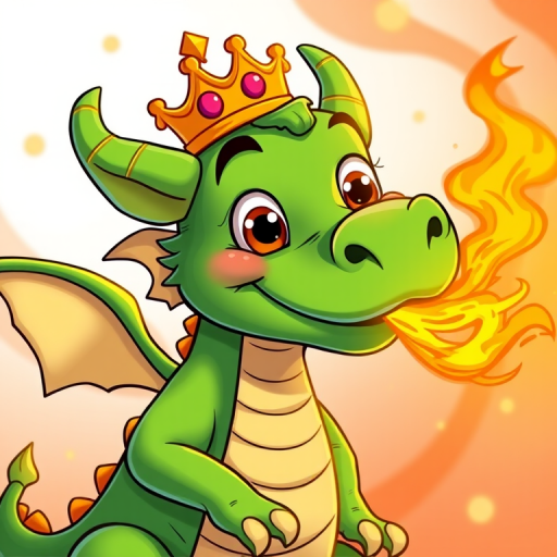 Create a vibrant illustration of a cartoon green dragon wearing a crown and breathing fire, capturing its playful and cheerful expression, shot with a Canon EOS R5, 50mm lens, f/2.8 aperture, ISO 100, in bright daylight to enhance colors and details.