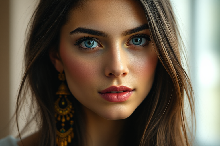 regenerate a portrait of a young woman with long dark hair and striking blue eyes, wearing ornate golden earrings and subtle makeup, captured in soft diffused lighting, using a Canon EOS R5 at f/1.8, 50mm lens, ISO 100, 1/200s, in a shallow depth of field for a beautiful bokeh effect in the background