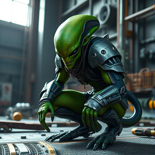 A futuristic alien character with green skin and intricate armor crouching in a sci-fi industrial setting, natural sunlight illuminating the scene, 50mm lens, f/2.8 aperture, ISO 100, wide-angle shot, DSLR camera.