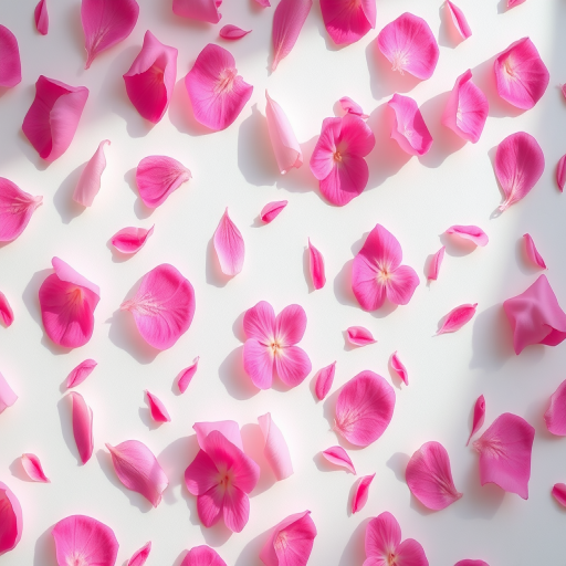 Create a seamless pattern of delicate pink flower petals scattered on a soft white background, captured with a Canon EOS R5, 50mm lens, f/2.8 aperture, ISO 100, in natural light for vibrant colors and sharp details.