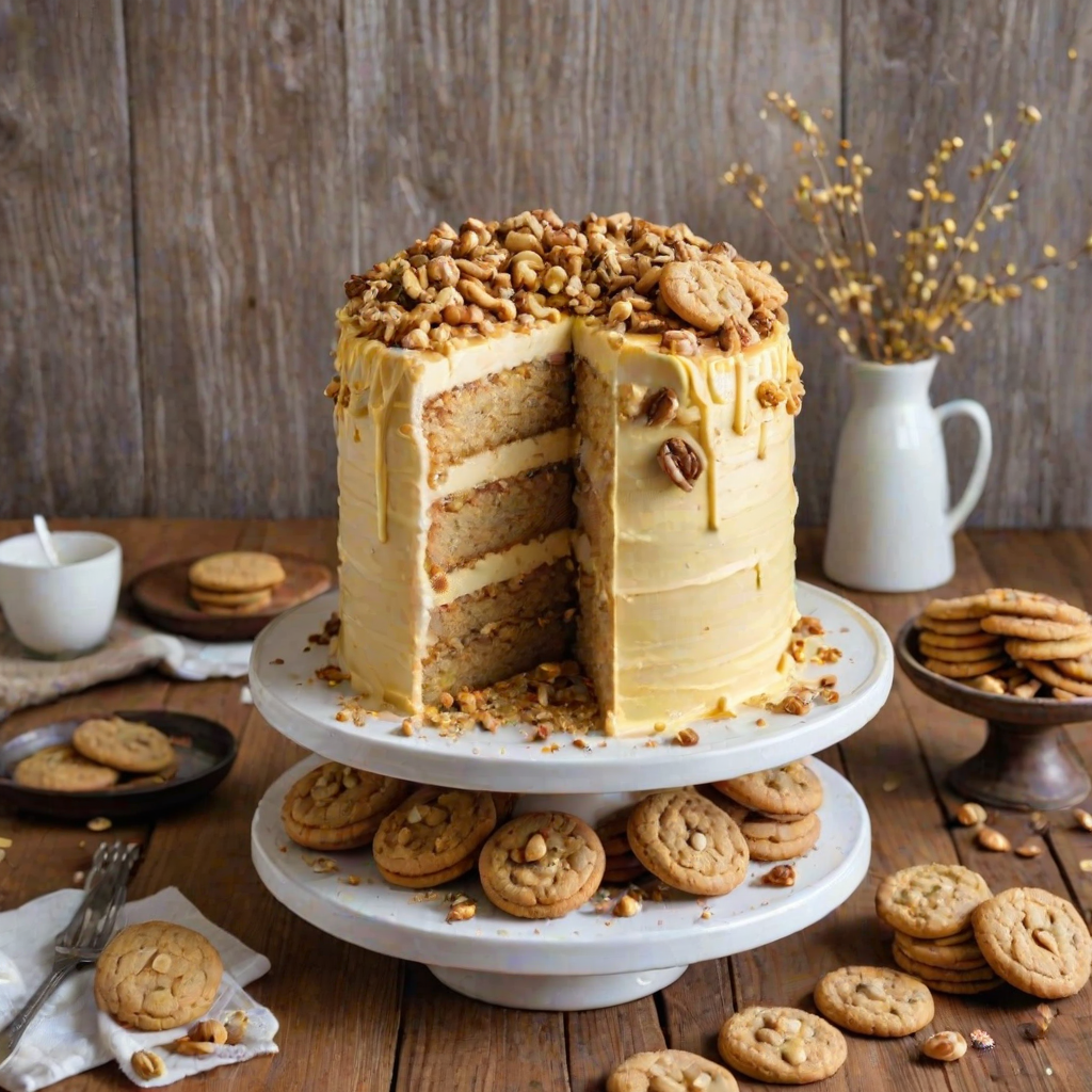 Create an image of a layered cake with a smooth yellow frosting, topped with crushed nuts and surrounded by round cookies at the base. The cake is displayed on a simple white cake stand with a rustic wooden background.