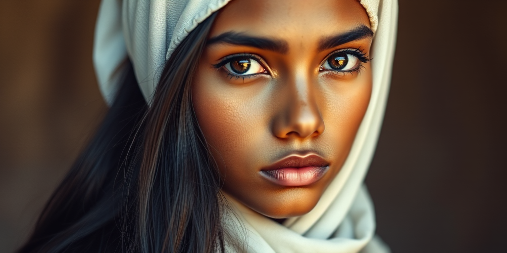Create a portrait of a young Nubian female with long, dark hair and captivating hazel eyes. She is wearing a white headscarf and a matching scarf draped gracefully around her neck. The background is softly blurred, focusing attention on her serene and natural expression. The overall color palette is muted and warm, enhancing the intimate and authentic feel of the portrait.