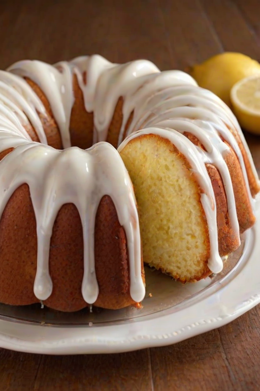 Generate an image of a lemon bundt cake with a smooth white glaze drizzled on top. The cake should have a vibrant yellow color with decorative lemon zest on the surface. Include a few slices cut from the cake, showing the soft, fluffy texture inside. Place some lemon slices around the cake for added decoration.