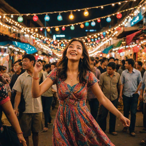 Vibrant festival at night, string lights hanging above crowded stalls, a woman in a colorful dress spins joyfully in the middle of the bustling market.