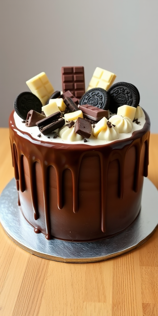 Create an image of a chocolate cake decorated with various chocolate bars and cookies on top the cake should have a smooth white frosting with chocolate ganache dripping down the sides include pieces of Hershey bars Oreo cookies and white chocolate bars scattered on top the cake should be displayed on a silver cake board and placed on a wooden table with a simple background