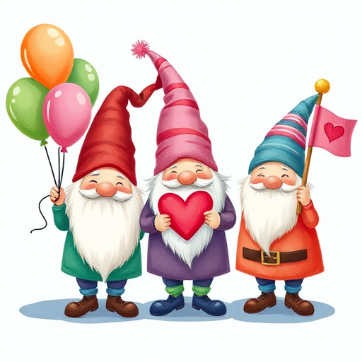 Create an illustration of three gnomes celebrating a festive occasion, one holding balloons, another with a heart, and the third with a flag, use bright colors and a whimsical style, shot with a DSLR camera at f/2.8, ISO 100, 50mm lens, natural lighting, focus on texture and detail for a vibrant quality.