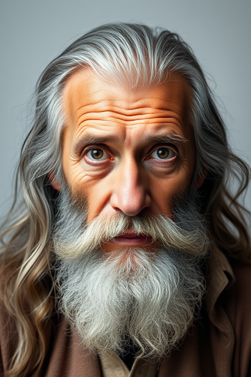 Portrait of an elderly man with long, wavy gray hair and a thick beard, intense gaze, studio lighting, f/2.8 aperture, ISO 100, 85mm lens, soft focus background, high-resolution DSLR camera, natural skin tones, detailed textures.