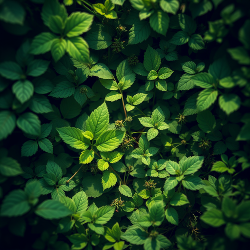 Create a vibrant, high-resolution circular illustration of various green leaves and plants in a lush environment with soft, diffused lighting captured using a DSLR camera with a 50mm lens, f/2.8 aperture, ISO 100, and shallow depth of field for enhanced detail and depth.