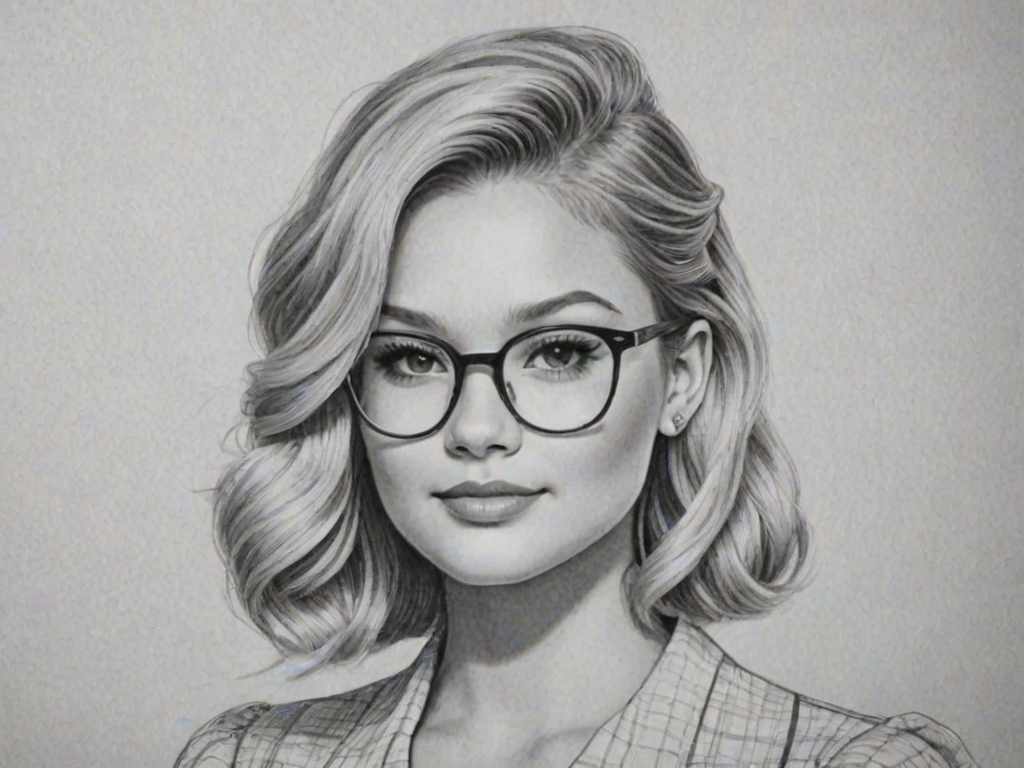 Elegant Olivia Holt, pencil sketch, portrait of Radiant woman 1940s in glasses, hair style beatnik, outline, clear lines, fine lines, 8k