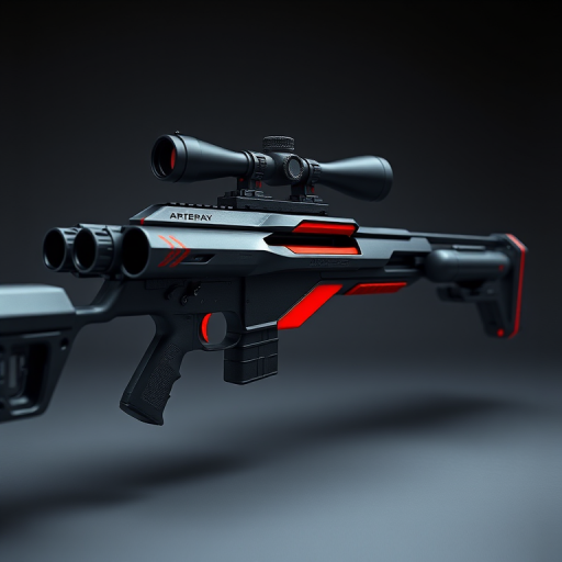 highly detailed image of a futuristic sniper rifle with a sleek design and red accents, captured with a DSLR camera at f/2.8 aperture, 50mm lens, ISO 100, in a studio setting with softbox lighting for even illumination