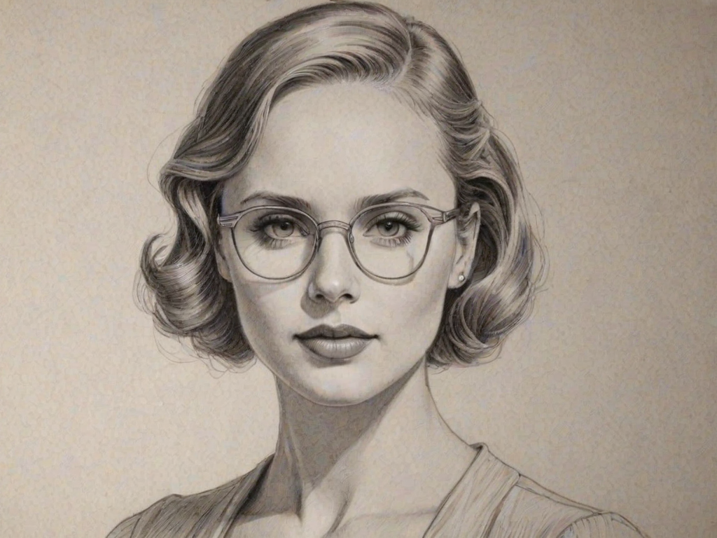 Splendid Meaghan Martin, pencil sketch, portrait of Elegant woman 1935s in glasses, hair style beatnik, outline, clear lines, fine lines, 8k