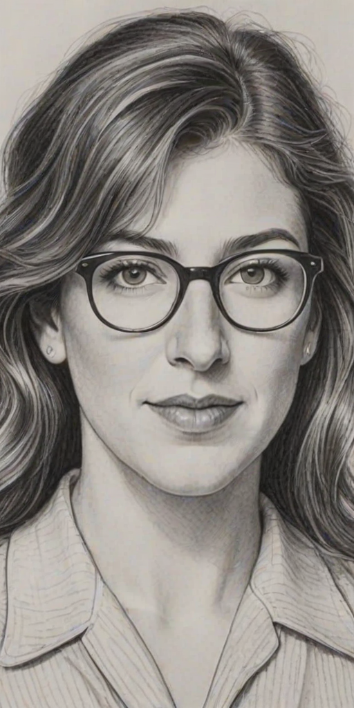 Splendid Mayim Bialik, pencil sketch, portrait of Resplendent woman 1944s in glasses, hair style beatnik, outline, clear lines, fine lines, 8k