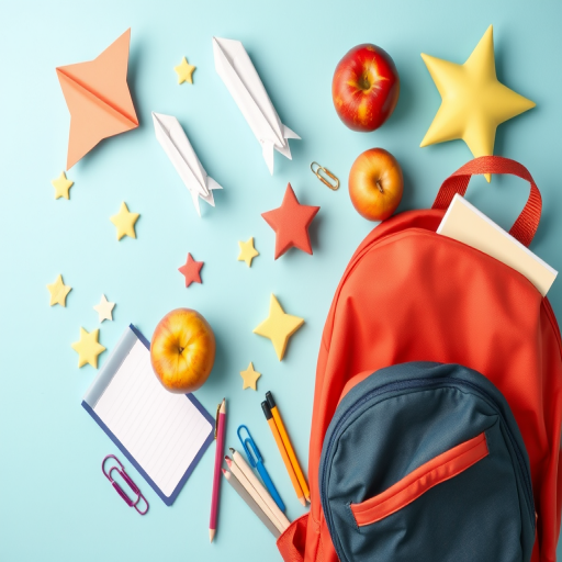 create a flat lay illustration of school supplies including paper airplanes, apples, stars, paper clips, notepads, and a backpack on a plain background, use a DSLR camera with a 50mm lens at f/2.8, ISO 100, and a focal length of 50mm, overhead view with vibrant colors and high contrast for clarity