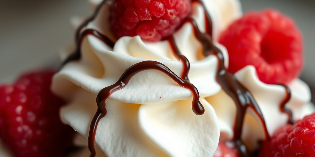 A detailed close-up shot of a decadent ice cream sundae topped with whipped cream, fresh raspberries, and chocolate drizzle, natural lighting, aperture f/2.8, shutter speed 1/100s, ISO 200, DSLR camera, macro photography style.