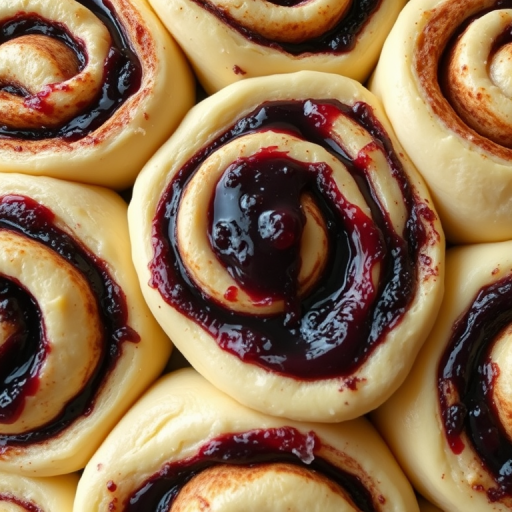 A close-up view of freshly made cinnamon rolls with a swirl of dark berry filling on a baking tray, displaying soft dough and glossy filling, shot from above with a focus on the spiral pattern and textures of the rolls.