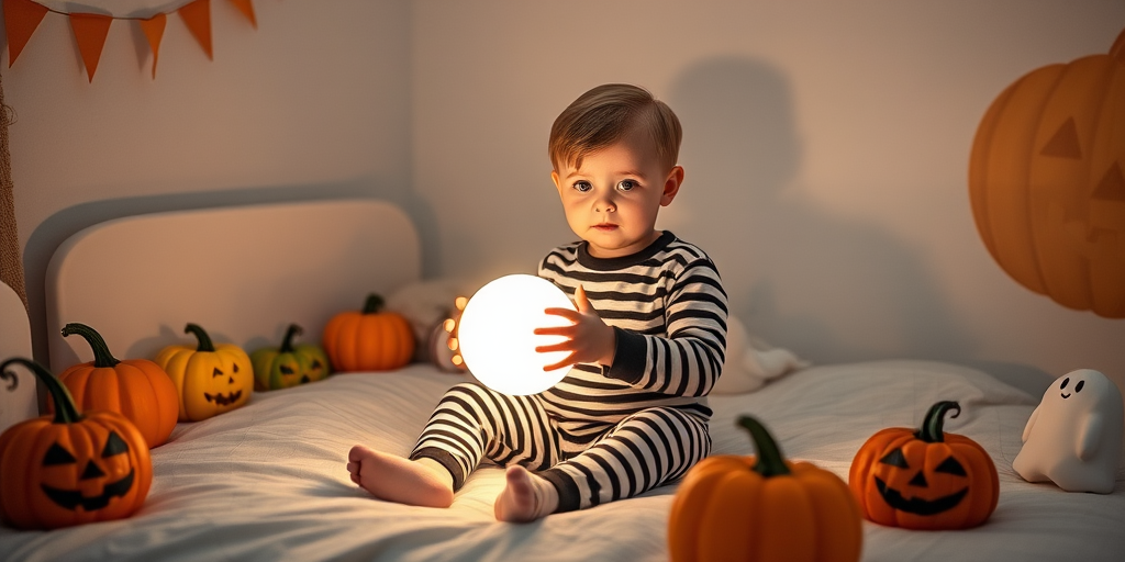Capture a cozy and whimsical Halloween scene featuring a young child in striped pajamas sitting on a bed surrounded by playful decorations like pumpkins and ghost toys, holding a glowing orb that casts a soft light, with a large pumpkin shadow on the wall; use a 50mm lens, aperture f/1.8 for a shallow depth of field, ISO 400 for optimal low-light performance, and a slight vignette effect for focus enhancement.