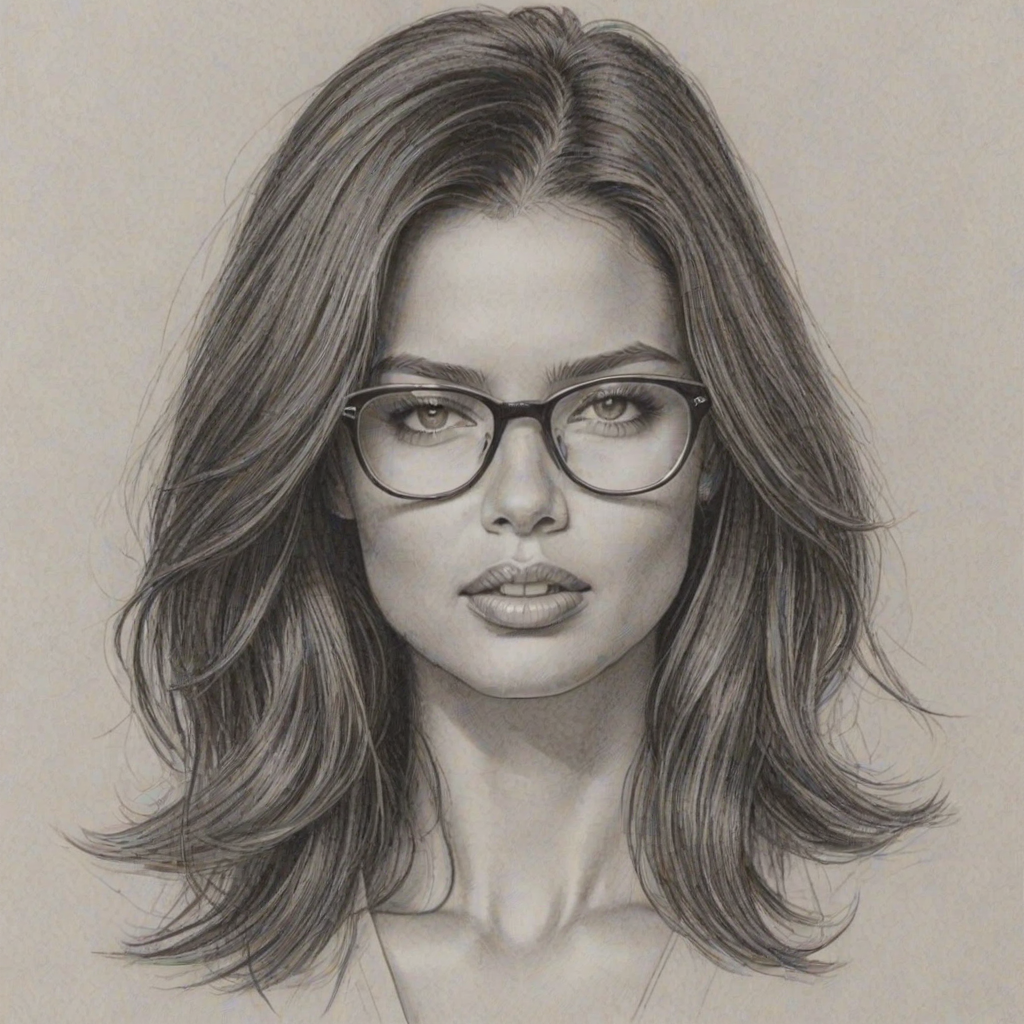Bewitching Adriana Lima, pencil sketch, portrait of Lovely woman 1973s in glasses, hair style beatnik, outline, clear lines, fine lines, 8k