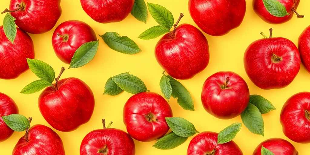 Create a seamless pattern design of red apples with green leaves against a light yellow background, using a Canon EOS R5, 50mm f/1.8 lens, aperture f/4, 1/125s shutter speed, and natural lighting to enhance colors and details.