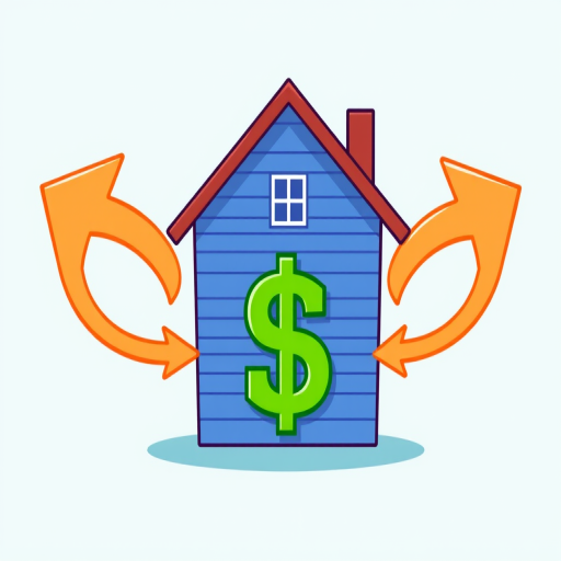 Create a high-resolution digital illustration of a blue house with arrows flowing to and from a green dollar sign, using a Canon EOS 5D Mark IV camera with a 50mm lens at f/1.8, in a bright and colorful style, with a focus on clarity and detail.