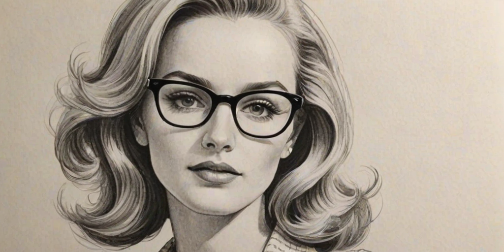 Dazzling Kerry Bishe, pencil sketch, portrait of Attractive woman 1950s in glasses, hair style beatnik, outline, clear lines, fine lines, 8k