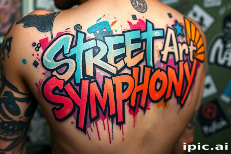 Graffiti-style tattoo called "Street Art Symphony" incorporating bold lettering and urban imagery with a mix of bright colors and textures resembling spray-painted murals