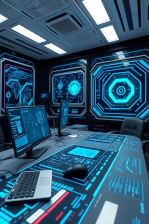Create a futuristic technology-themed workspace with digital interfaces displaying network connections, geometric shapes, and glowing blue elements, using a Canon EOS R5 camera, 24mm lens, f/2.8 aperture, ISO 100, natural lighting, and a wide-angle perspective.