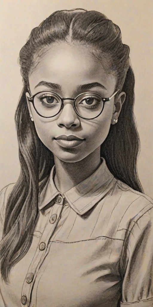 Enticing Skai Jackson, pencil sketch, portrait of Appealing woman 1937s in glasses, hair style beatnik, outline, clear lines, fine lines, 8k