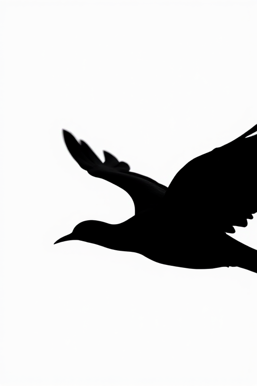 Create a high-resolution image of a simplistic black silhouette of a bird in flight against a white background, using a Canon EOS R5 camera with a 50mm f/1.2 lens, ISO 100, aperture f/8, and a shutter speed of 1/500s, captured from a slight low angle to accentuate the bird's wingspan.