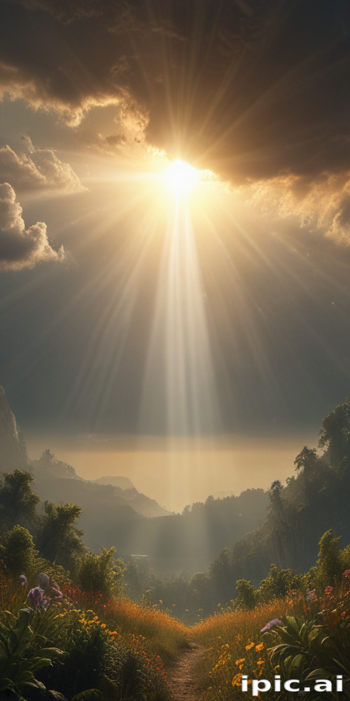 Radiant Sunlight Breaking Through Clouds Over a Serene Landscape Path