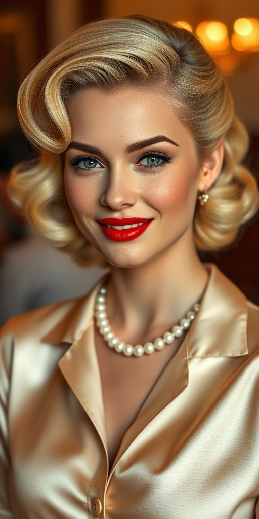 A beautiful woman reminiscent of 1950s Hollywood glamour, with perfectly styled blonde hair and a seductive smile, dressed in a satin blouse and adorned with pearls, soft and warm tones, photorealistic, 8K