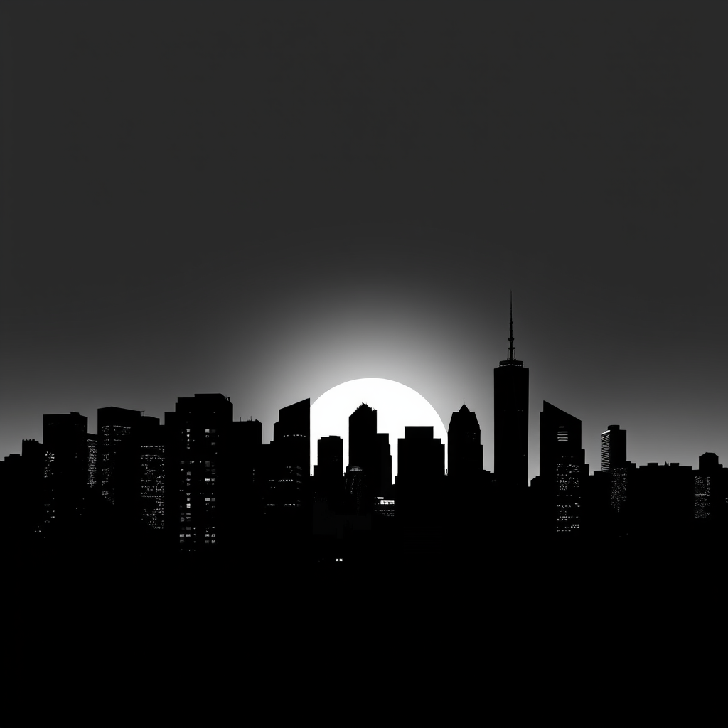 generate a high-contrast black and white illustration of a modern city skyline at sunset, using a digital camera with a wide-angle lens, aperture f/8, ISO 100, 24mm focal length, capturing the sharp details of buildings against a soft gradient background with a slight vignette effect