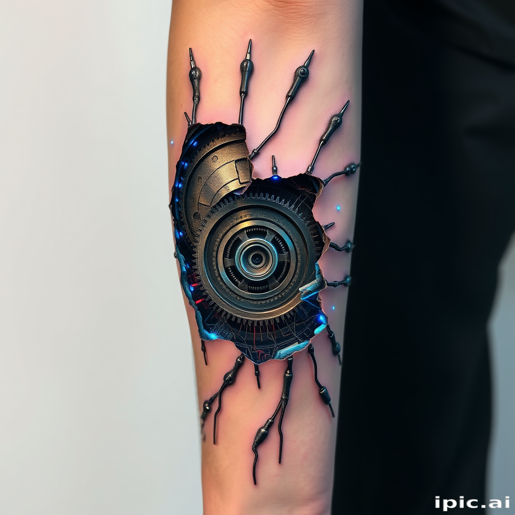 Realistic 3D biomechanical tattoo, "Cybernetic Fusion," blending hyper-realistic skin tears revealing metallic gears, wires, and circuitry underneath, with subtle color accents in electric blue and neon green, creating an illusion of depth and dimension on the forearm or leg