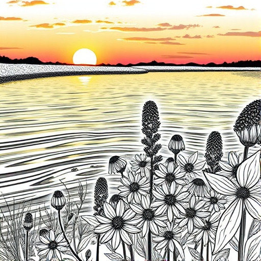 Create a detailed illustration of a cluster of wildflowers by a serene water edge at sunset with high contrast line art, using a DSLR camera with a 50mm lens, aperture set to f/2.8, ISO 200, and a shutter speed of 1/200s for enhanced depth and clarity.