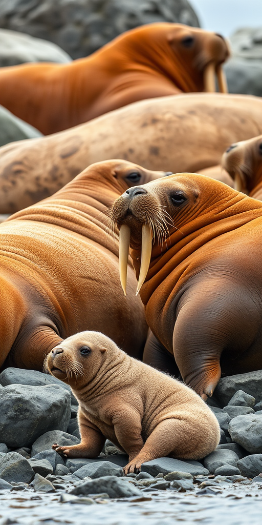 walruses resting on rocky shoreline with a young calf, captured with a Canon EOS 5D Mark IV, 50mm lens, f/8 aperture, ISO 200, 1/250 sec, natural lighting, slightly elevated angle, focused on the walrus baby in the foreground, capturing details of textures and surroundings.