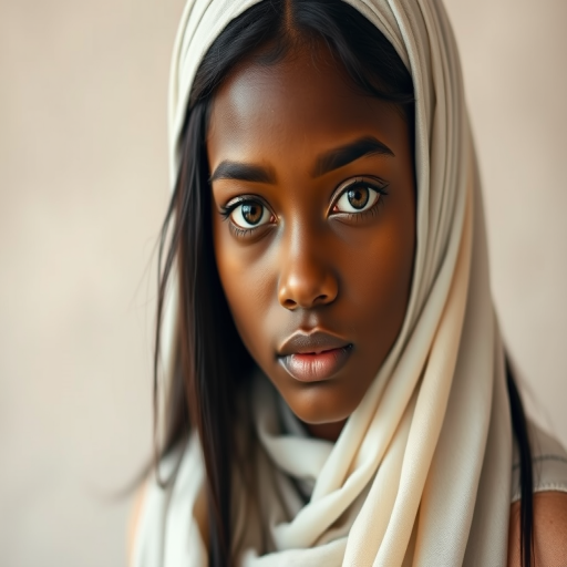 Create a portrait of a young Afro-Caribbean female with long, dark hair and captivating hazel eyes. She is wearing a white headscarf and a matching scarf draped gracefully around her neck. The background is softly blurred, focusing attention on her serene and natural expression. The overall color palette is muted and warm, enhancing the intimate and authentic feel of the portrait.