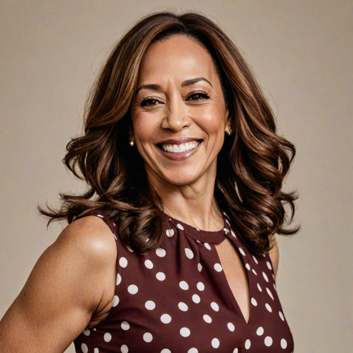 Radiant depiction of Kamala Harris, Pretty Woman's charming lead, with her megawatt smile and flowing chestnut hair, twirling in a polka dot dress
